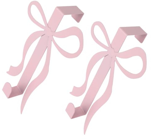 Fukaisu 2pcs Pink Bow Over The Door Hooks, Metal Door Hanger Hook for Towels Clothes Hats Coats Bags Coquette Room Decor for Bathroom Bedroom Kitchen Living Room Cabinet Organization