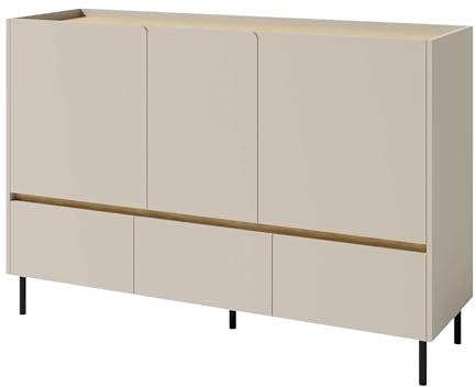 Mirjan24 Kommode Lonitz LZ07, Sideboard grifflos mit 3 Schubladen & 3 Türen, breite Anrichte auf schwarzen Metallfüßen, Schrank für Jugendzimmer (Sandbeige + Geölte Eiche)