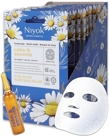Niyok Tuchmaske Calm & Smooth Naturkosmetik 8 Stück | Mit Kamille & Ceramiden, COSMOS NATURAL, kompostierbare Pflanzenfaser, Made in Germany, für empfindliche Haut