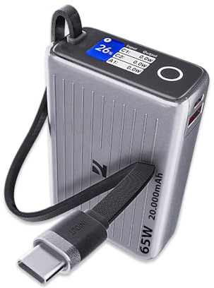 New Net - Power Bank 65W con cavo USB-C PD integrato + USB-C PD + USB-A QC compatibile con ASUS ROG Ally 2023 RC71L, ExpertBook B9 B9400CBA, B9400CE, B9400CEA, B9400CEAV [20000mAh 77Wh]