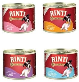 RINTI Gold | Hunde Nassfutter | 8x185g | Mixpaket 2x Gans, 2x Kalb, 2x Huhn, 2x Geflügelherzen | ohne Getreide