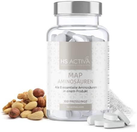 HS Activa® MAP Aminosäuren - [300 Presslinge] - Premium Aminosäuren Komplex mit 8 essentiellen Amino Säuren - 8 EAA´s & BCAA - Hochdosiert, Vegan und ohne Zusatzstoffe - MAP Amino