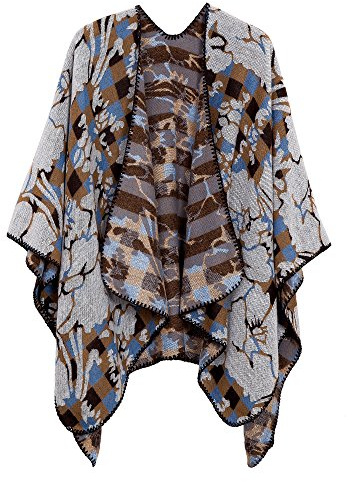EXCHIC Femmes Chauds Ouverture Avant Châle Chaud Wraps Motif Floral Elegantes Poncho Tricot Cape Manteau