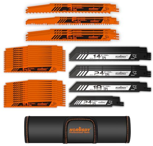 HORUSDY 40-Piece Reciprocating Saw Blade Set for Wood & Metal | Includes Pruning, Wet Wood, PVC and Metal Cutting Blades (3-24TPI) | with Storage Pouch for Easy Organization