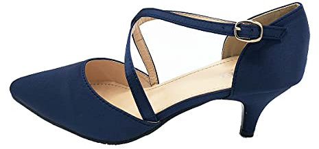 Women-Ladies-Low-Kitten-Heel-Strappy-Diamante-Glitter-Court-Shoes-Party-and-Bridal-Wear New Size 3 to 8 (Navy Satin, 5)