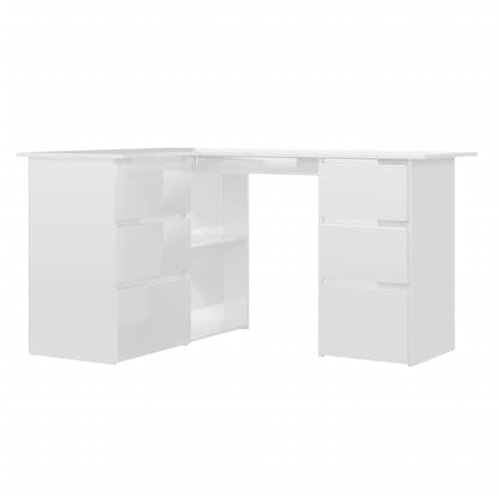 vidaXL Eckschreibtisch 6 Schubladen 2 Regale Schreibtisch Computertisch Bürotisch PC Tisch Laptoptisch Arbeitstisch Hochglanz-Weiß 145x100x76cm Holzwerkstoff