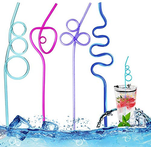 Lot de 12 pailles réutilisables en plastique pour smoothie, lait, thé, café - Pour enfants et adultes (4 couleurs, 4 formes)