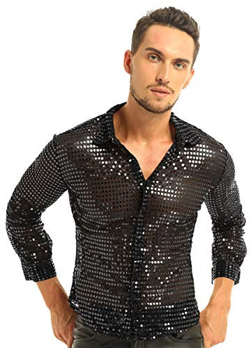 Nimiya Herren Kostüm Hemd durchsichtige Netzhemd Pailletten Glitzer Hemd Langarm Retro Hippie Disco Karneval Schwarz Large