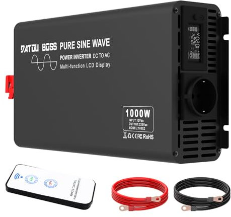 Convertisseur Pur Sinus 1000W /2000W DC 12V à AC 220V/230V Onduleur avec télécommande et écran LCD pour Camping-Car Panneau Solaire et Voiture Power Inverter