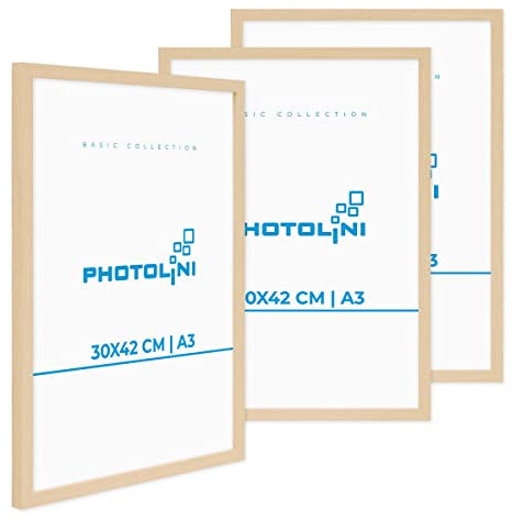PHOTOLINI Bilderrahmen A3 Holz MDF Natur, 3er Set A3 Bilderrahmen 30x42 Holz MDF, DIN A 3 Rahmen mit Acrylglas, Picture Frame 42x30 zum Aufhängen, Rahmen 42 x 30 mit Zubehör für DINA3 Fotos & Poster