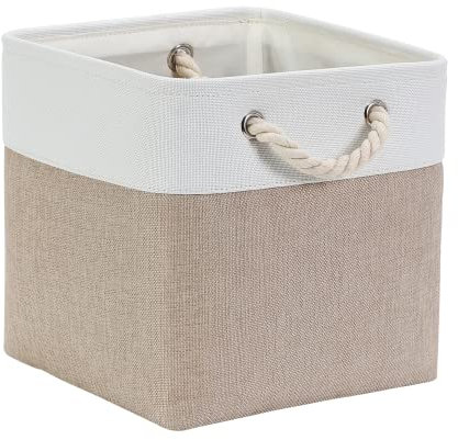Mangata Aufbewahrungsbox Stoff 28x28x28 cm, aufbewahrungskorb Helles Khaki Weiß, Korbe Stoff in Würfel für Schrank, Regal, und Kleidung, (Faltbare, 1er Pack)
