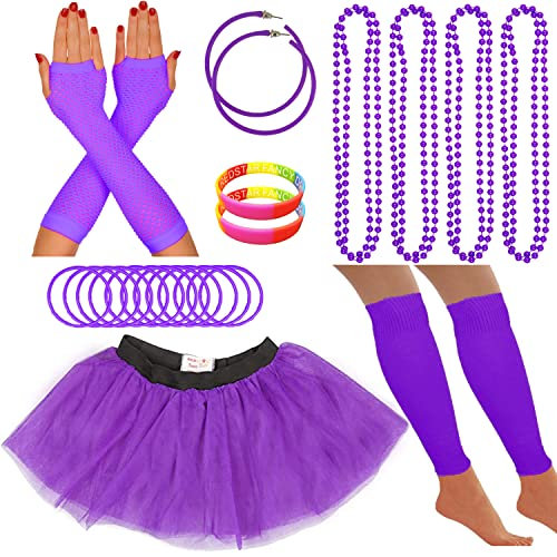 80s Fancy Dress Neon Accessories Tutu Party Costume, Adult Leg Warmers, Fishnet Gloves, 1980s Style Necklace Beads, Neon Hoop Earrings, Gummy Bracelets Womens Hen Party Rave Outfit (Purple)