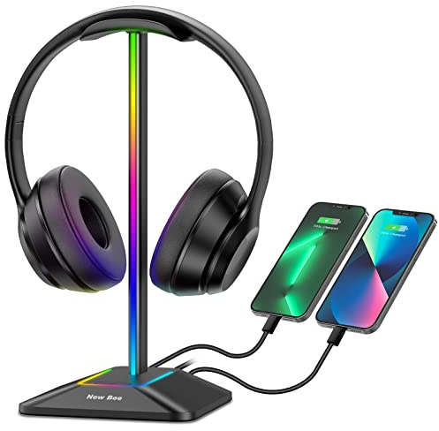 New Bee Headphone Stand RGB Headset Holder with 1 USB-C Charging Port and 1 USB Charging Port, Headset Stand Gaming with 7 Light Modes Suitable for All Earphone Accessories (black-1)
