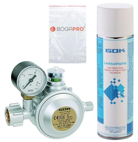 BOGAPRO Gewerberegler mit Überdrucksicherung für Propangasflaschen, Druckminderer mit Manometer, Gasdruckregler inkl. Lecksuchspray