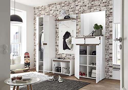 moebel-dich-auf Garderobe Garderoben-Set Torino 5-TLG. Front in MDF weiß Hochglanz Absetzung in Old Style Dunkel, 240 x 197 x 40 cm