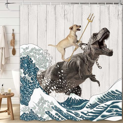 Boziqr Lustiger Hunde-Duschvorhang, japanische Ozeanwelle, Dinosaurier, rustikale Scheunentür-Dekoration, Stoff, Badezimmer-Vorhänge, Set, niedliche Tiere, Kinder, Polyestergewebe, wasserdicht, 178 x