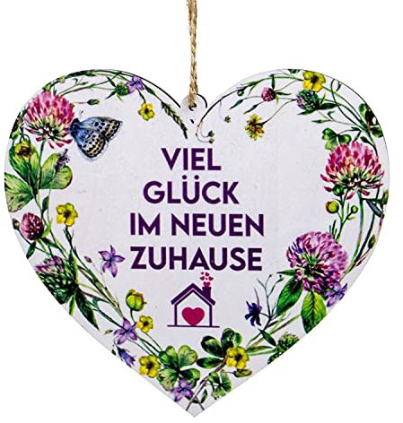 Shabby Schild Herz VIEL GLÜCK IM NEUEN ZUHAUSE Anhänger Plakette Holzschild 13 x 12 cm Herzschild