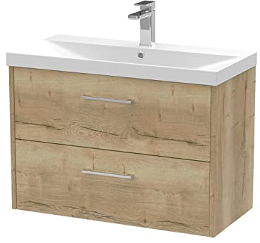 Hudson Reed JNU1826D Juno Modern Bathroom Wall Hung 2-Drawer Vanity with Thin-Edge Ceramic Basin, 800mm, Woodgrain Autumn Oak