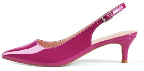 GENSHUO Womens Kitten Heel Shoes Pointed Toe Slingback Court Shoes Elegant Low Heels for Wedding Evening Patent Fuchsia 7 UK