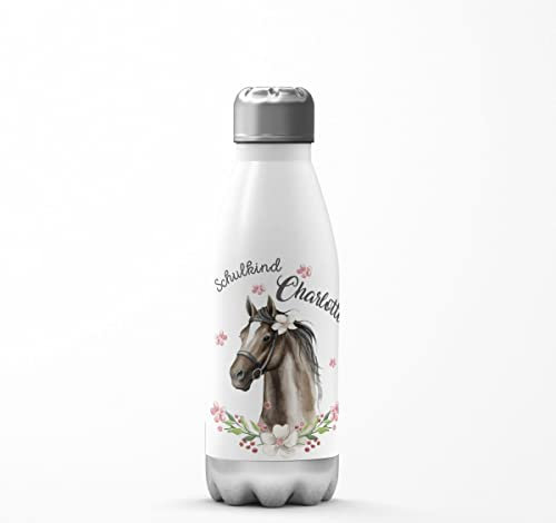 Mikalino Kinder Edelstahl Trinkflasche Schulkind schwarzes Pferd mit Blumenranke und Wunschname Einschulung für Thermosflasche Mädchen Junge, Farbe:weisssilber, Grösse:350ml