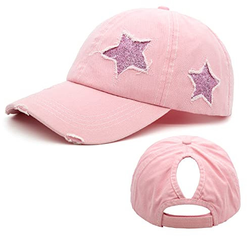 Ruyosn Basekappe Damen Zopf Basecap Cap High Ponytail Cap Damen Pferdeschwanz Cap Sommer Damen Kappe Sommer Kappe Sonnenschutz Glitzer Cap Damen Rosa