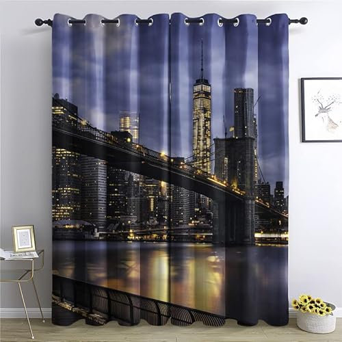 THYUNQ Vorhänge New York Motiv, Vorhang Blickdicht Verdunklungsvorhänge mit Ösen - Gardinen Wohnzimmer Schlafzimmer Fenster, 2er Set Curtains, H 160 x B 140 cm