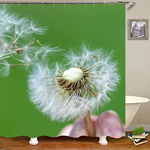 ANAZOZ Rideau Douche, 165x180cm, Motif de Pissenlit, Blanc Vert, Polyester, Rideau De Douche Anti-moisissure avec Anneaux