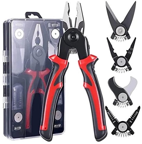 DELIXI Multifunctional 5 in 1 Pliers - Steel Wire Pliers With Wire Stripping, Interchangeable Heads for Electricians
