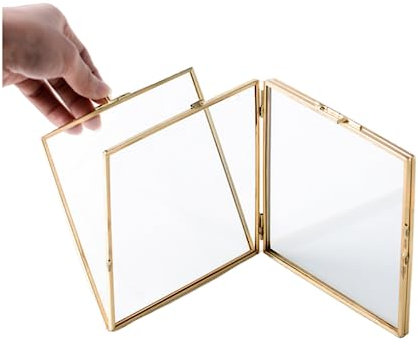 Rikyo Goldfarbener doppelt faltbarer Bilderrahmen mit Glasfront, Ornament-Pflanzen-Proben-Clip, doppelter Display-Halter, vertikaler schwebender Rahmen, 7,6 x 10,2 cm oder 12,7 x 8,9 cm