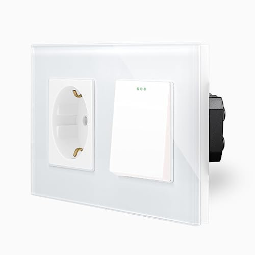 Zweifacher Wipp 1-facher Lichtschalter und Wechselschalter Wandschalter + Schuko Steckdose für UP DE Unteputzdose im 2-Fach Glasrahmen Glas Wandblende Weiß Kipp Schalter LUXUS-TIME