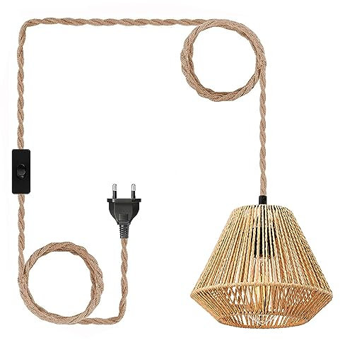 Vintage Dimmbar Hängelampe mit Stecker Schalter - Boho Lampe Pendelleuchte Rattan Lampenschirm Hängeleuchte Esstischlampe Rustikal Hängende Leuchte 450cm Kabel E27 für Schlafzimmer Flur Küche Esstisch