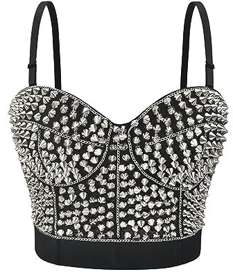 AYAZER Silberne Nieten Spaghettiträger Gothic Push Up BH Steampunk Bralette Crop Top für Frauen Rave Rock Nachtclub Bar Büstenhalter Femme-Schwarz-S