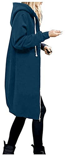 Parka Xxl Echtfell Damen Damenmantel mit Kapuze Und Reißverschluss Langes Damen-Sweatshirt für Herbst Und Winter Lockere Und Bequeme Damenjacke mit Taschen Unifarbene Jacke mit Reißverschluss Blau Xl