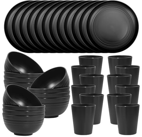 LIYH 36 Pcs Black Wheat Straw Dinnerware set of 12 - Plastic Plates and Bowls Set, Unbreakable Dishwasher Safe Plastic Plates Reusable for Outdoor Camping
