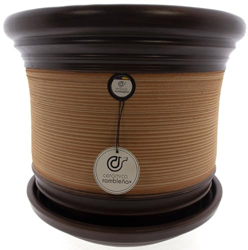 CERÁMICA RAMBLEÑA | Maceta Grande | Maceta Original | Maceta Exterior | Maceta Suelo Campana Baja Araña-Nogal - Modelo J30 | Plato Incluido | 33x33x30 cm