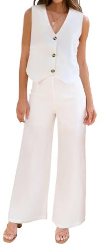 ROYLAMP Conjunto de verano de 2 piezas para mujer, con botones, cuello en V, sin mangas, cintura alta, pantalones de pierna ancha, conjunto a juego 2024, Blanco, M