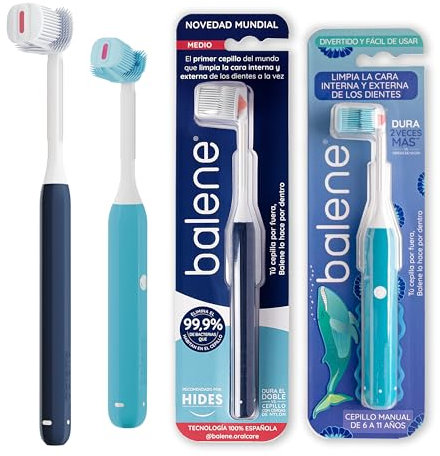 BALENE - Pack 2 Zahnbürsten für Erwachsene und Kinder, Doppelseitige Zahnbürste für Erwachsene, mittlere Härte + Kinderzahnbürste, für Innen- und Außengesichtsreinigung, Blau