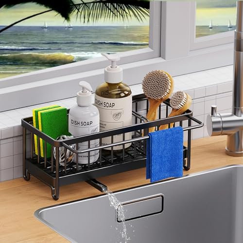 VILCEN Organiseur d'évier, Porte Eponge Evier Cuisine en Acier Inoxydable avec Bac de récupération Amovible, Séparateur Amovible avec Porte-Serviettes, Rangement et Organisation de Cuisine