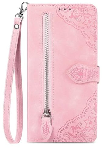 COQUE Hülle für Samsung Galaxy S24,schützende TPU Leder Klapphülle,Stand Wallet Handyhülle,Schutzhülle mit Reißverschluss mit [Kartenschlitz] [magnetisch]-Pink