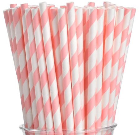 VITEVER 100 Stück Rosa und Weiß Gestreifte Papierstrohhalme, Dauerhaft Recycling Trinkhalme Papier für Weihnachten, Geburtstag, Neujahr, Party-Deko-Zubehör