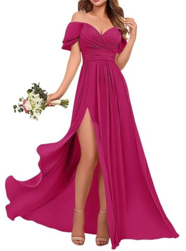 WSEYU Vestidos de dama de honor con hombros descubiertos, cuello en V, vestido de invitada de boda con abertura plisada, fucsia, 40