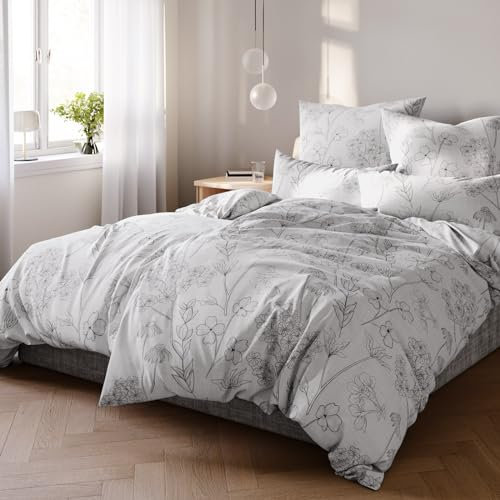 Pure Label Blumen Bettwäsche 4teilig 135x200 cm mit einem 2er Set Kissenbezüge 80x80 cm - Traumhaft weiches Bettwäsche-Sets 135 x 200 cm in grau aus 100% Baumwolle mit YKK Reißverschluss