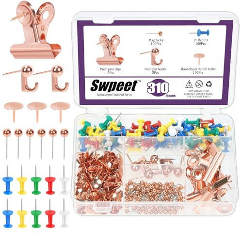 Swpeet 310Pcs Rose Gold Push Pins Set, Including Thumb Tacks, Push Pin Hooks, Pushpin Clips, Decorative Push Pins and Map Tacks, 5 Style Rose Gold Office Accessories Ideal for Map Office