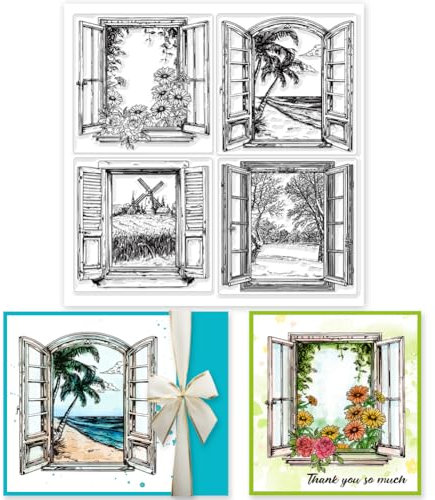 GLOBLELAND Four Seasons Windows Scenery Clear Stamps for Cards Making Window View Clear Stamp Seals 5.9x5.9in/15x15cm Transparent Stamps for DIY Scrapbooking Photo Album Journal Home Decoration