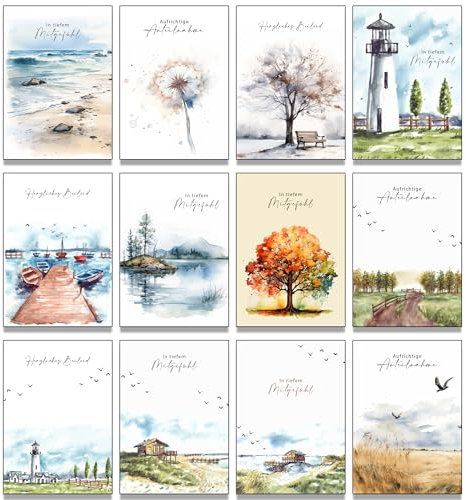 the lazy panda card company Set mit 24 Beileidskarten aus Recyclingpapier - 12 verschiedene Designs Trauerkarten mit Umschlag