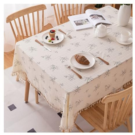 AMDXD Tischdecken, Blumen Gestickt mit Quaste Tischtuch Baumwolle, Tischdecke Geburtstag Junge Garten Zimmer Tischdekoration Mitteldecke für das ganze Jahr, 120x160CM, Beige