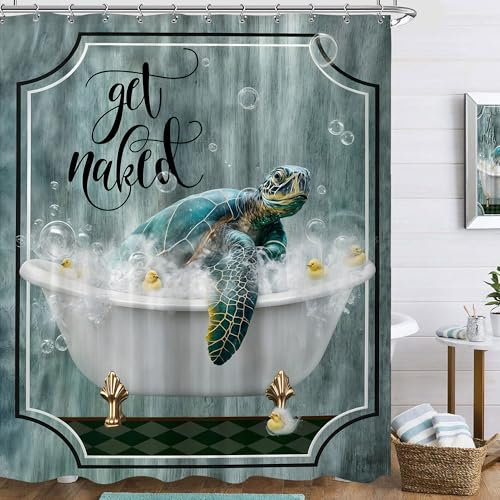 Famiffty Rideau de douche motif tortue de mer vert sarcelle, 152,4 x 182,9 cm (l x L), motif tortue de mer, océan, vintage, se déshabiller, baignoire, bulles, canard, vintage, en bois, accessoires de