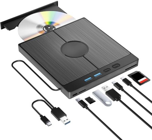 Lecteur CD DVD Externe pour PC ,USB 3.0 Type-C CD/DVD +/-RW Lecteur DVD externe avec 4 Ports USB et Fente SD/TF,Mince Transmission Rapide Câble USB Intégrée pour Windows 11-7/XP Vista Linux Mac OS