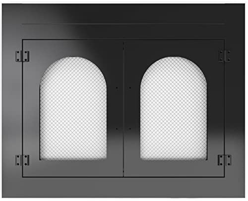 Kinchoix Puerta de chimenea, puertas de chimenea con pantalla y decoración de vidrio, protector de malla de hierro y paneles magnéticos para mampostería de 30 a 37 pulgadas de ancho x 22.7 a 29.5
