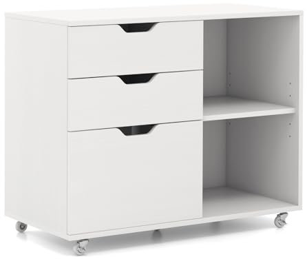 COSTWAY 3-Drawer Mobile File Cabinet, Lateral Stationery Storage Cabinet with 2 Open Storage Shelves and Wheels, Home Office Rolling Printer Stand Side Filing Cupboard (with Cutout Handles, White)